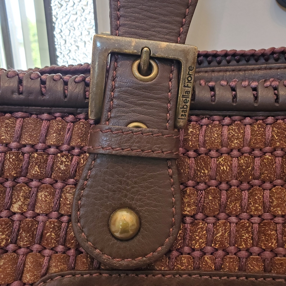 ISABELLA FIORE Leather Woven Large Shoulder Bag Handbag Brown - Picture 8 of 11